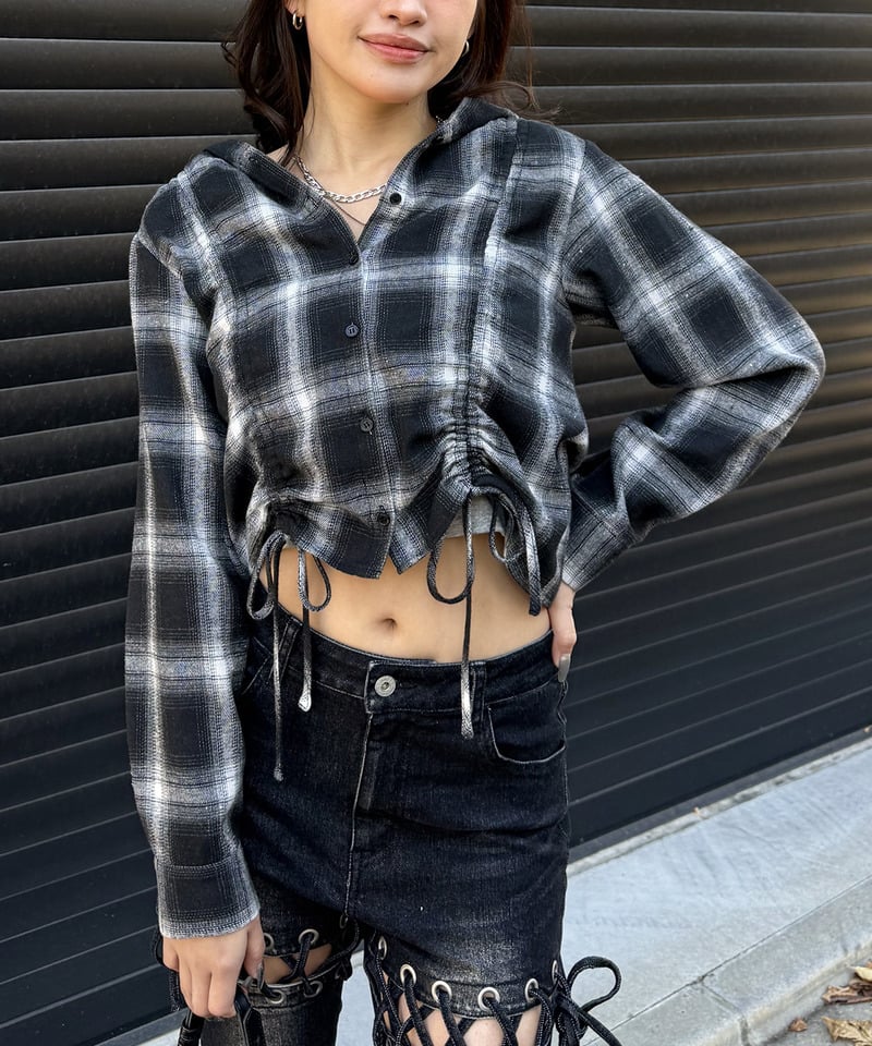 フード付きチェックトップス ベージュ F