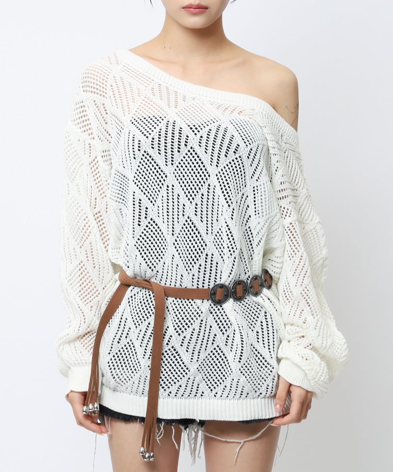 透かし編みベルト付きワンショルニット ブラウン F