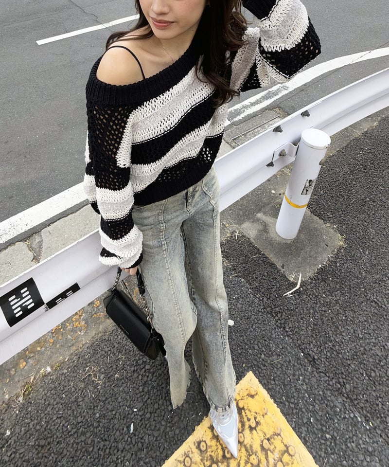 ボーダー透かし編みショートニット ブルー F