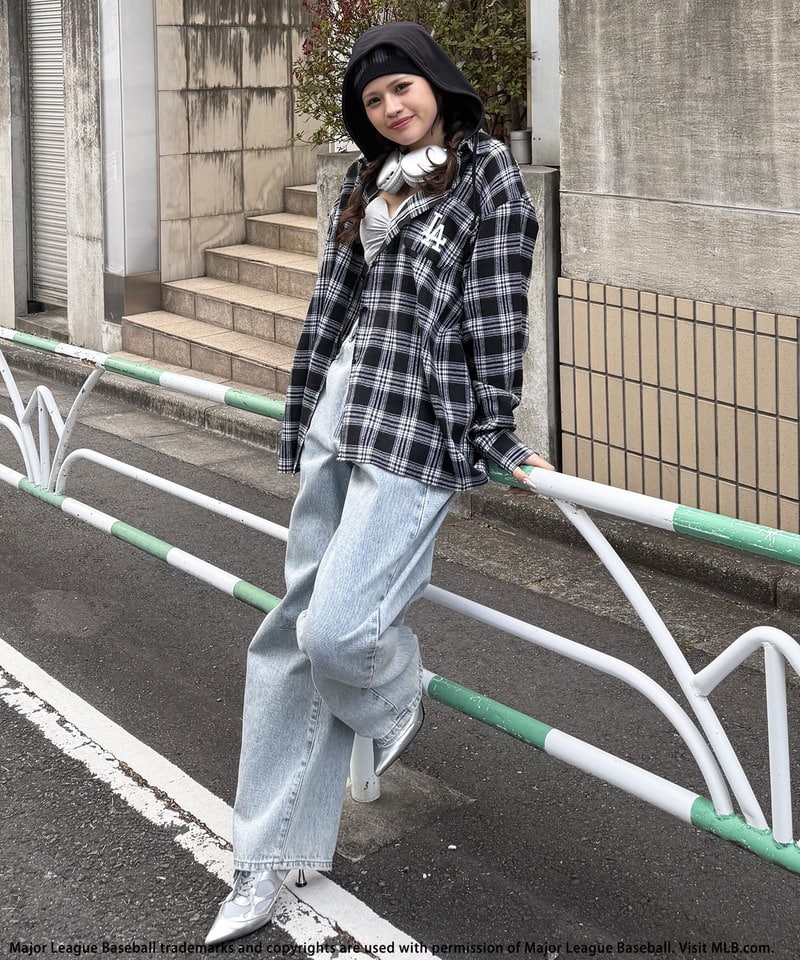 【MLB】チェックシャツフーディー ブラウン系 F