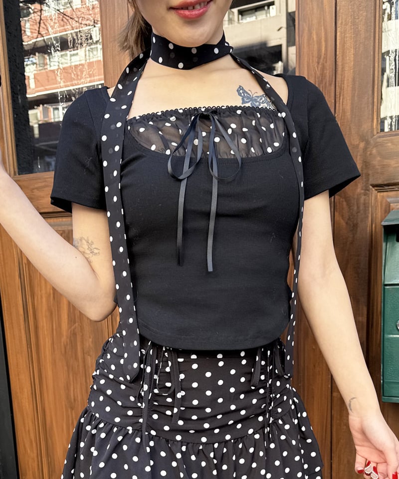 ドット柄チョーカーレイヤードトップス グレー F