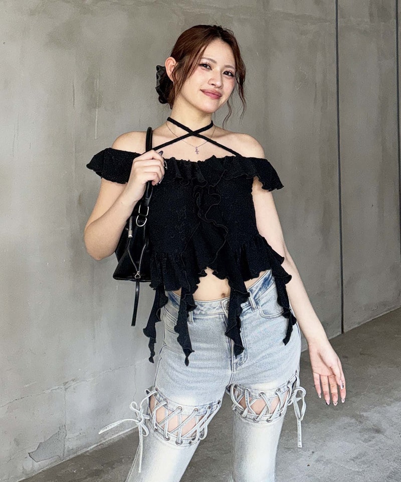 オフショルラメラッフルトップス ホワイト F