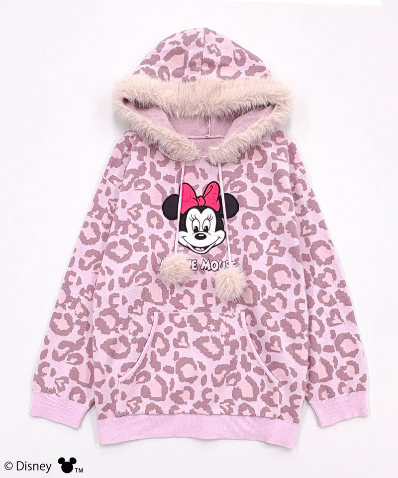 【Disney/ディズニー/ミニーマウス】レオパードニットフーディー ピンク F