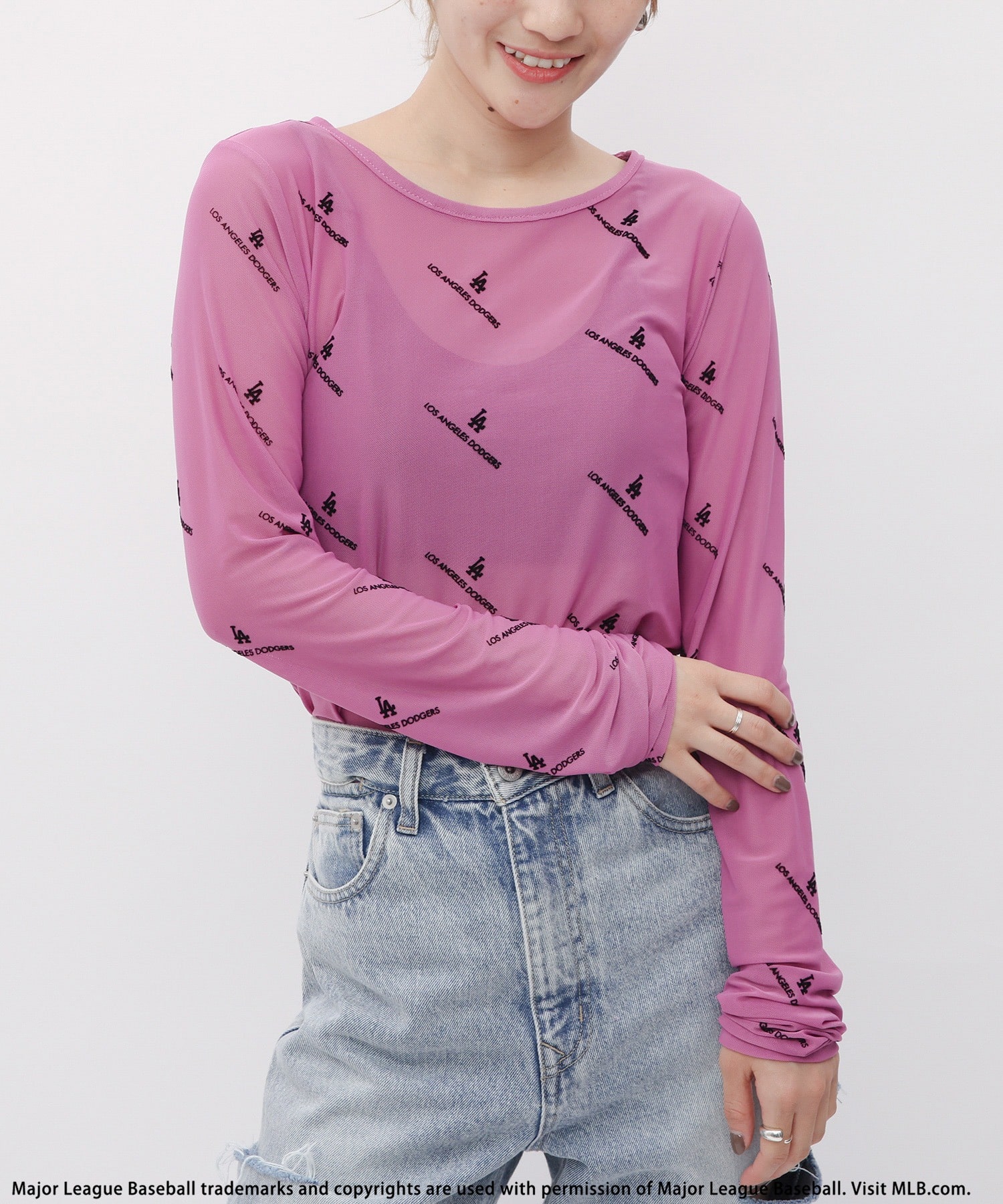 【MLB】総柄フロッキープリントチュールトップス パープル F