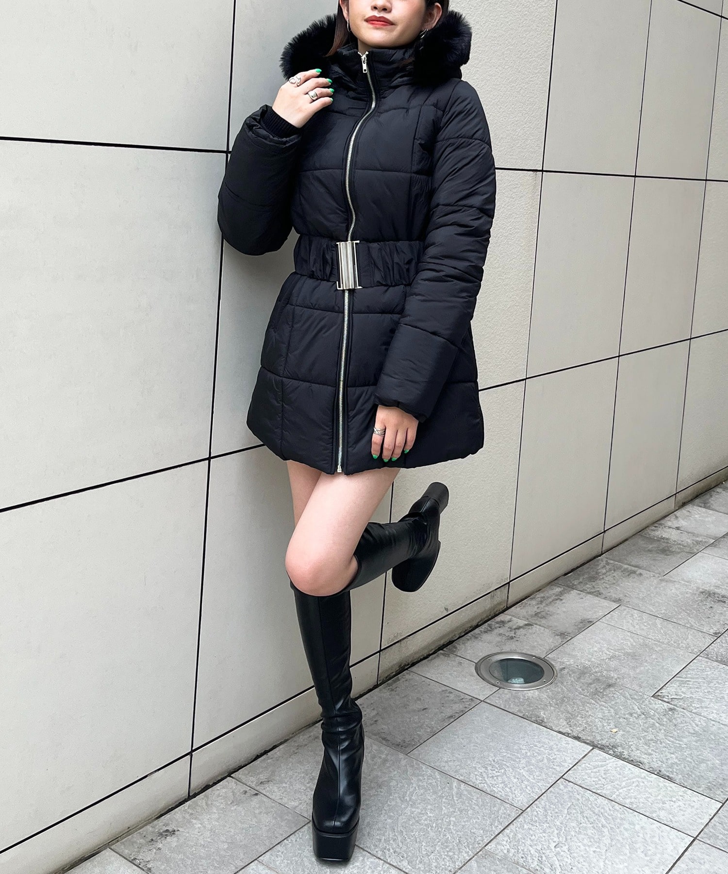 フード付き中綿ロングコート ブラック F