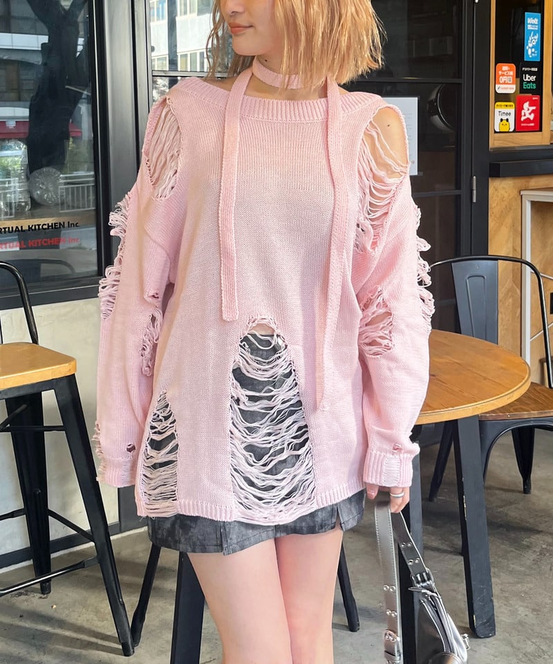 スカーフ付きダメージオーバーニット ピンク F