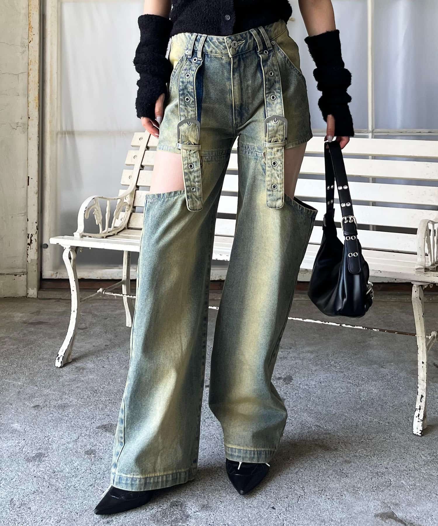  ベルトデザインサイドカットデニム ブルー M