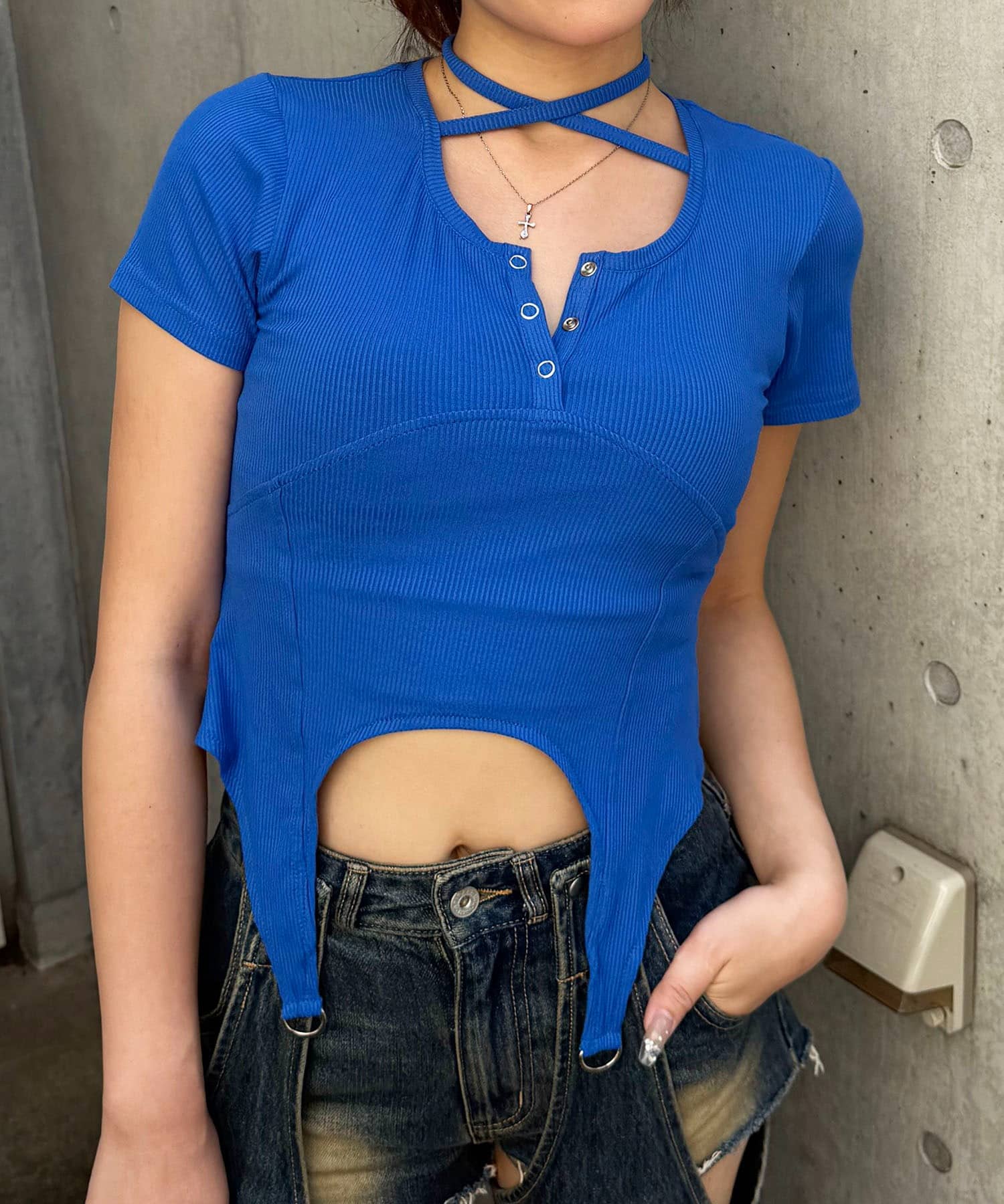  ヘンリーネックヘムフレアトップス ブルー F