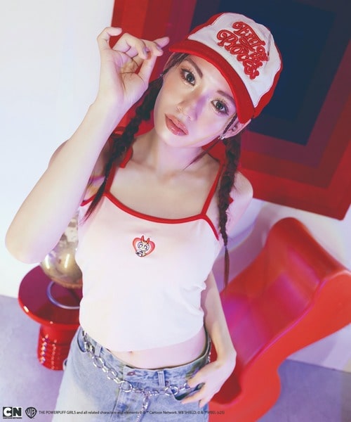 【THE POWERPUFF GIRLS/パワーパフ ガールズ】肩リボンワンポイント刺繍キャミソール レッド F