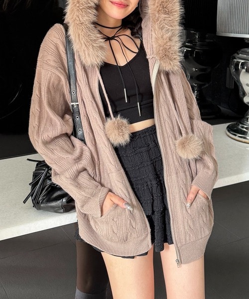 ぽんぽん付きケーブル編みZIPニットパーカーワンピース ブラウン F