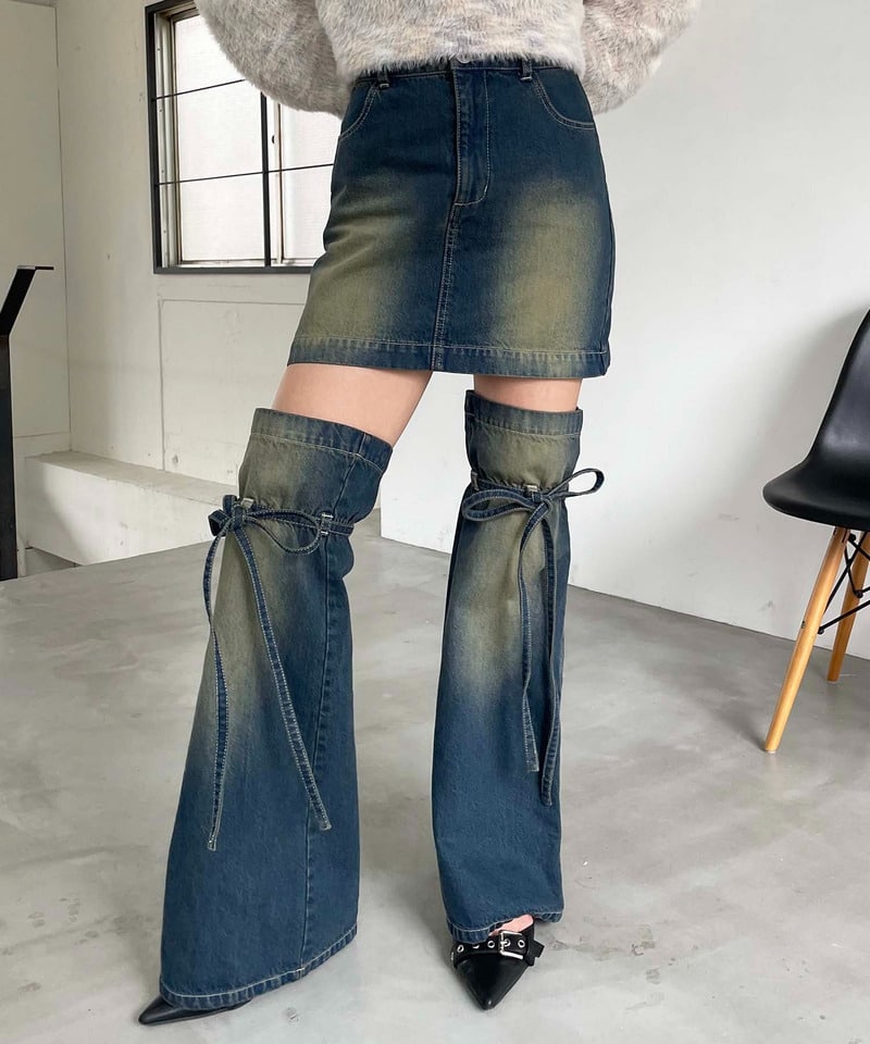 レッグウォーマー付きデニムミニスカート ブルー F