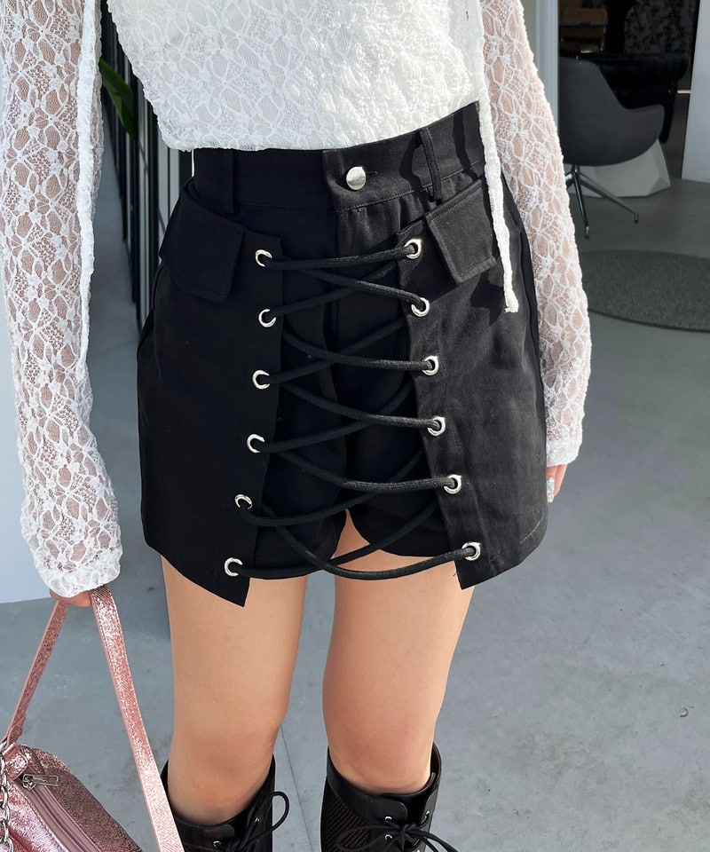 ラップ付きレースアップショートパンツ ブラック F