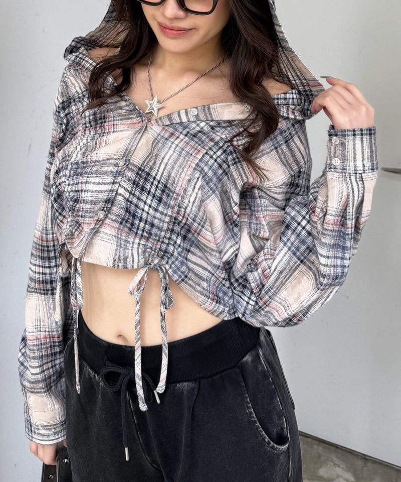 フード付きチェックトップス ベージュ F