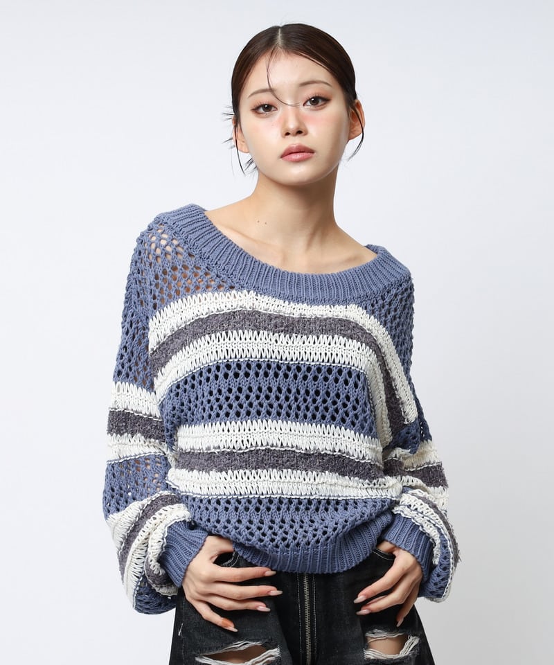 ボーダー透かし編みショートニット ブルー F
