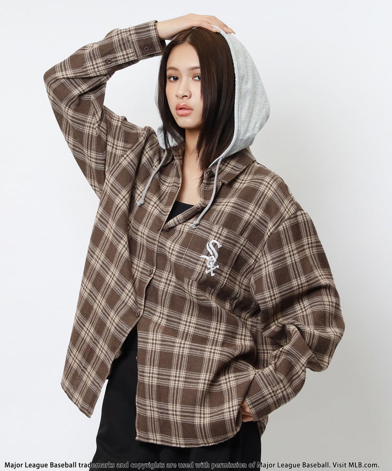 【MLB】チェックシャツフーディー ブラウン系 F