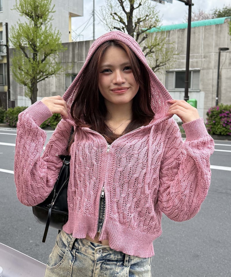 透かし編みダブルジップニットパーカー ピンク F