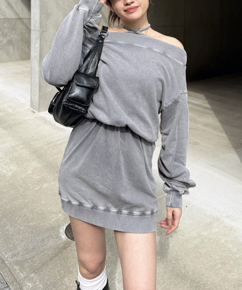 ピグメントオフショルワンピース グレー F