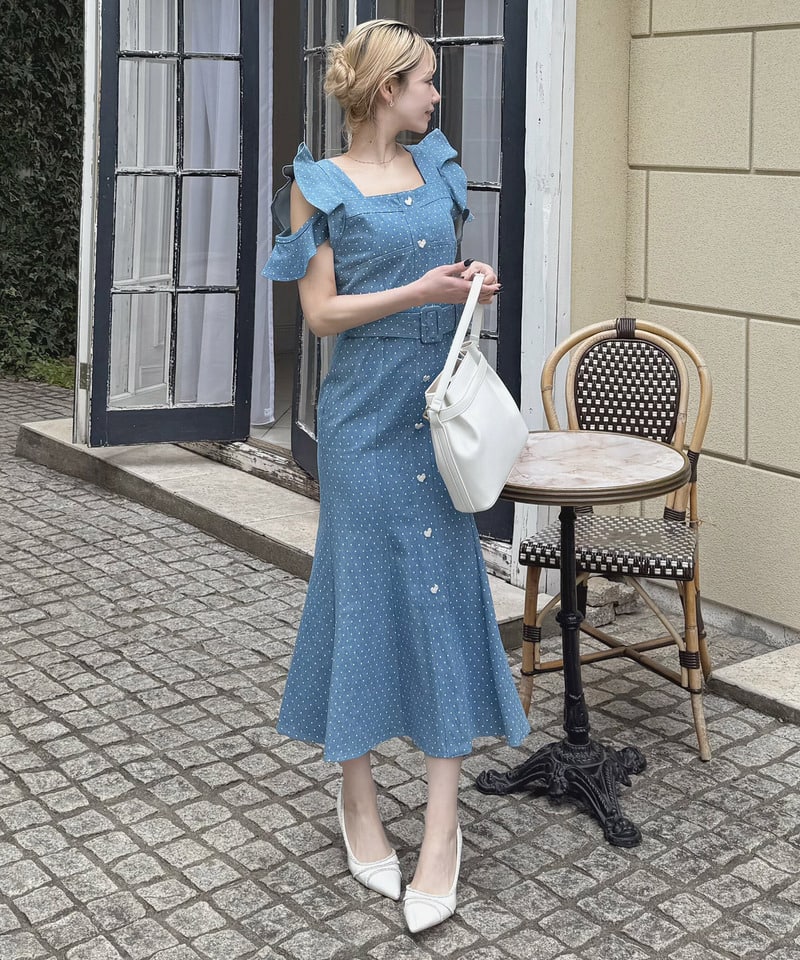 ハートボタンラッフルスリーブドットワンピース デニムブルー F