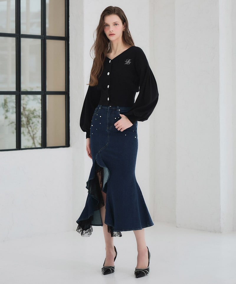 liberty デニムラッフルスリットスカート インディゴ F