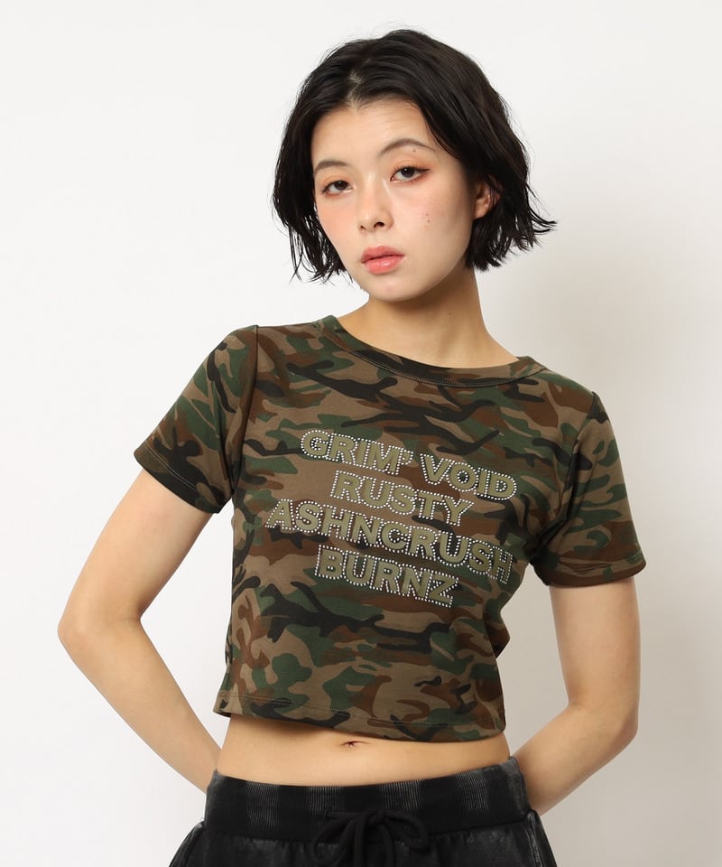 ラインストーンロゴミニTシャツ カーキ系 F