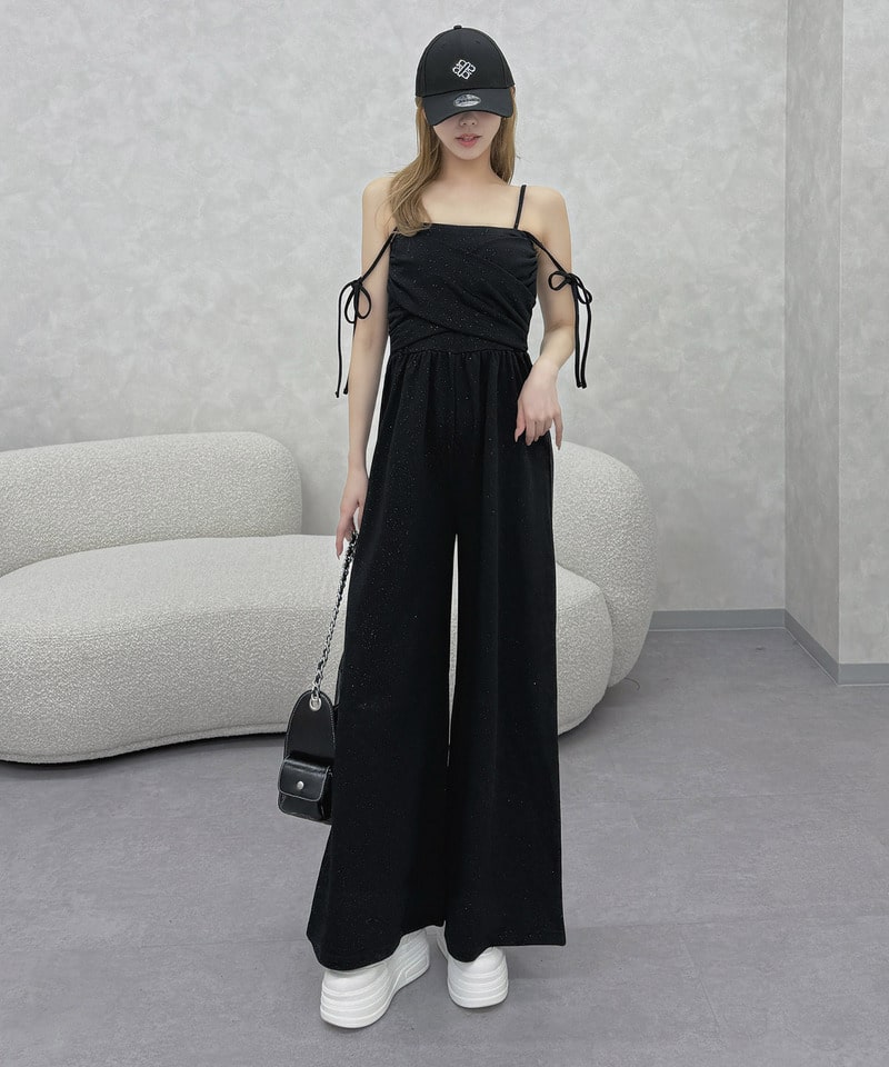 ラメ裏毛カシュクールベアオールインワン(F ブラック)｜ スパイラル