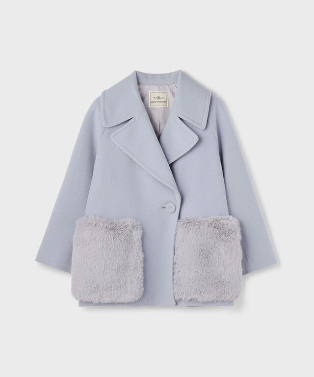 新品同様使用感無✩アイスブルー✩ブルーフォックス＆ラパン✩ファーコート✩柔らか軽 仙台パルコ】ファーポケットピーコート サックス 36(36 サックス