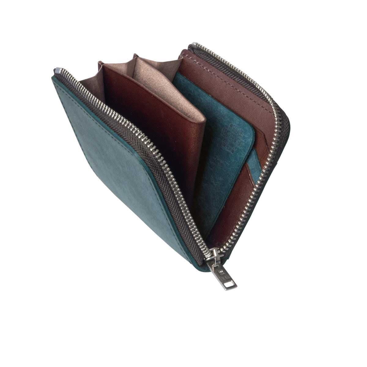【Pueblo×栃木レザー】 L字ファスナー短財布 ブルーグリーン ー
