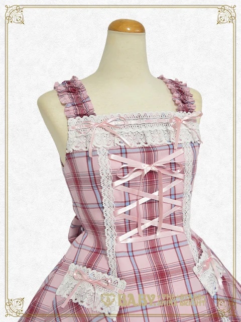裾スカラップタータンチェックジャンパースカート＆リボンコームセット（ピンク）