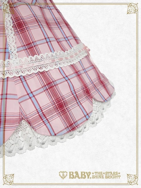 裾スカラップタータンチェックジャンパースカート＆リボンコームセット（ピンク）
