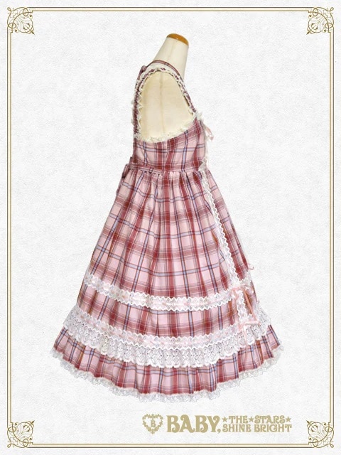 タータンチェックベビードールジャンパースカート＆プリンセスドロップヘッドドレスセット（ピンク）