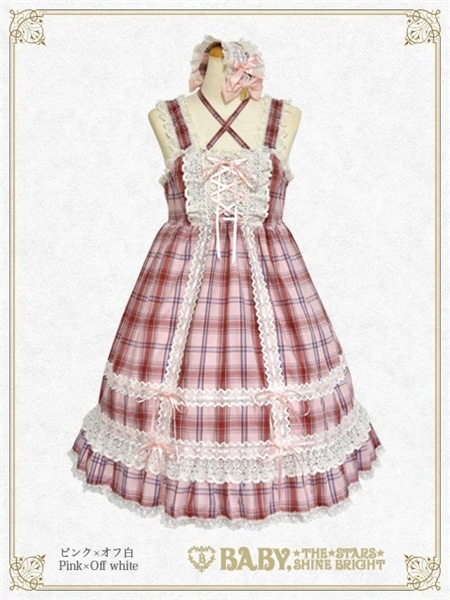 タータンチェックベビードールジャンパースカート＆プリンセスドロップヘッドドレスセット（ピンク）