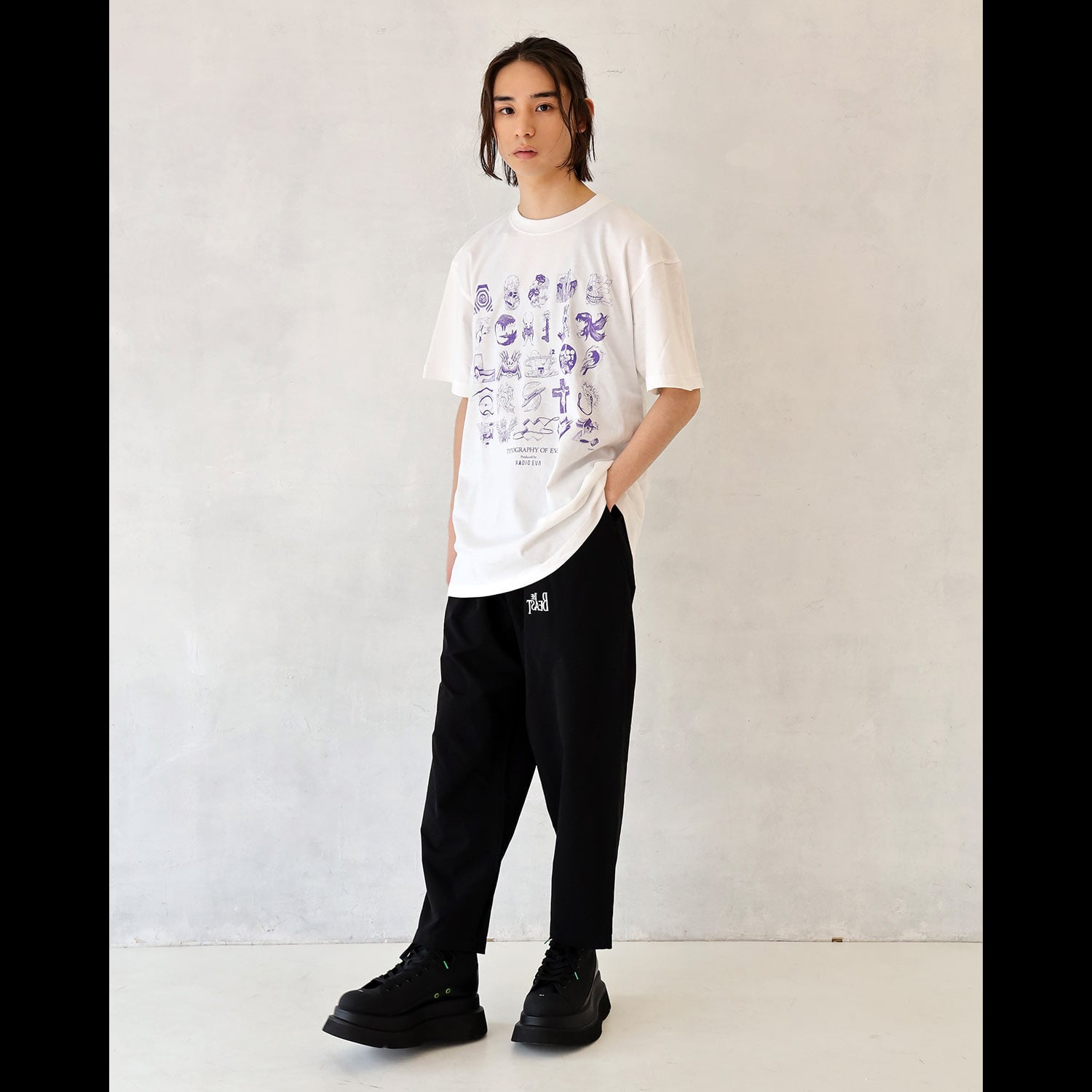 TYPOGRAPHY OF EVA index T-Shirt β (WHITE×PURPLE) WHITE×PURPLE L