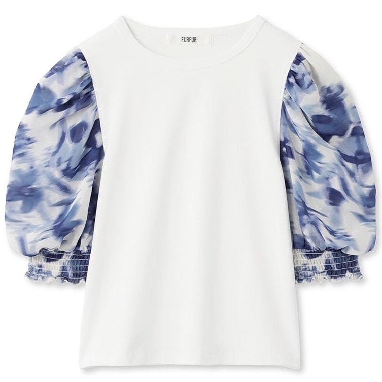 ぼかしフラワープリントドッキングTシャツ WHT F