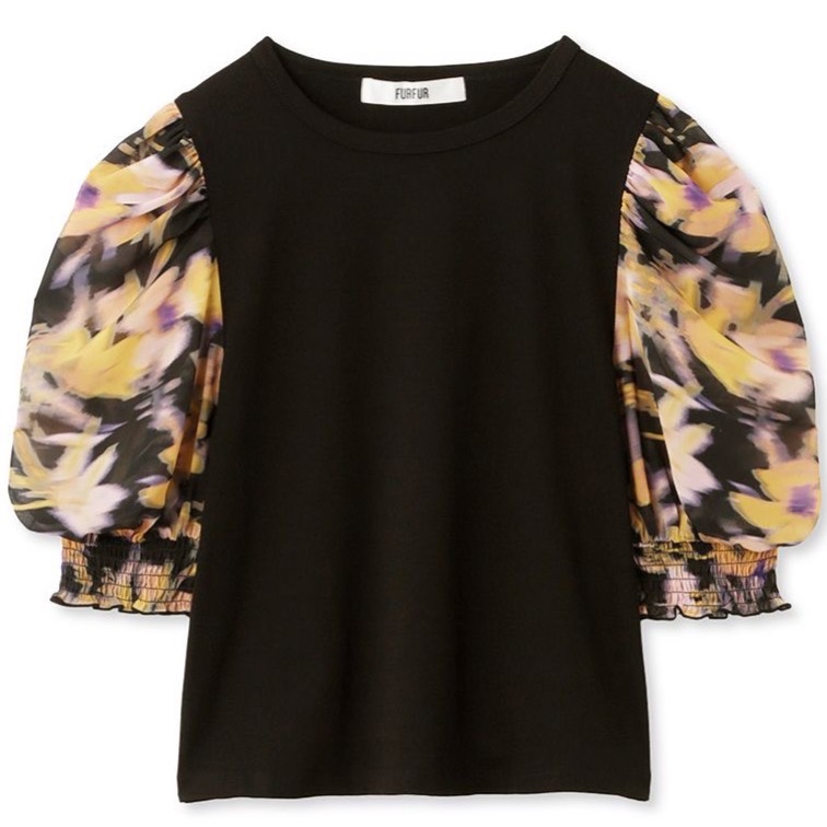 ぼかしフラワープリントドッキングTシャツ BLK F