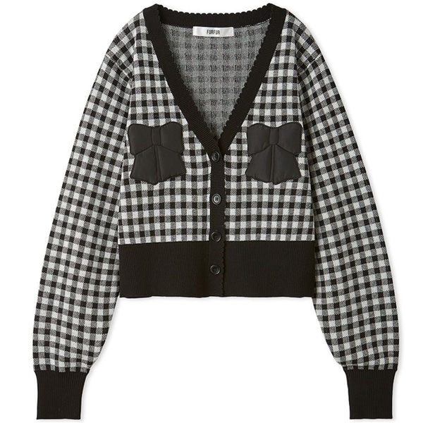 リボンアップリケギンガムカーディガン BLK F