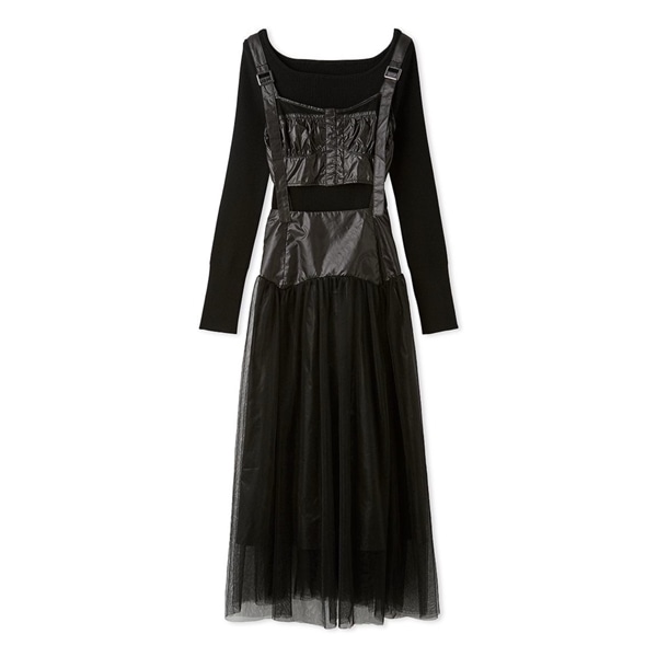 ニットセットチュールタフタワンピース BLK F