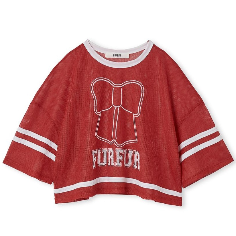 リボンロゴプリントメッシュTシャツ RED F