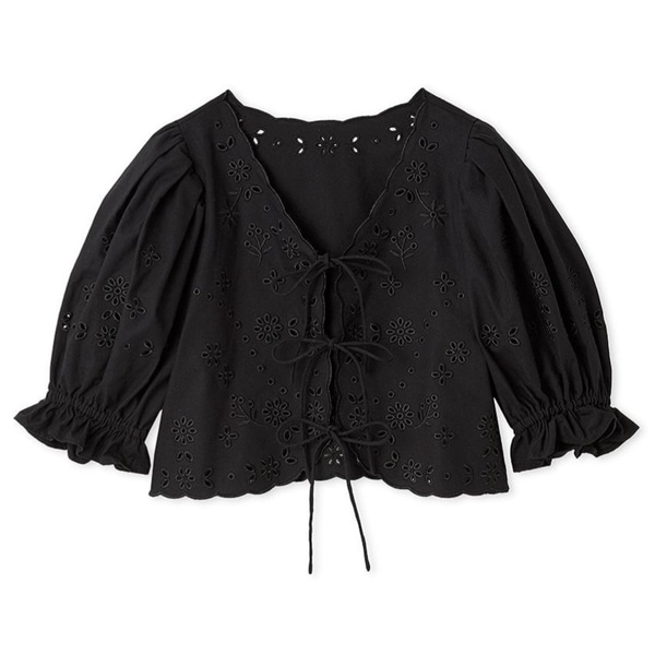カットワーク刺繍リボンブラウス BLK F