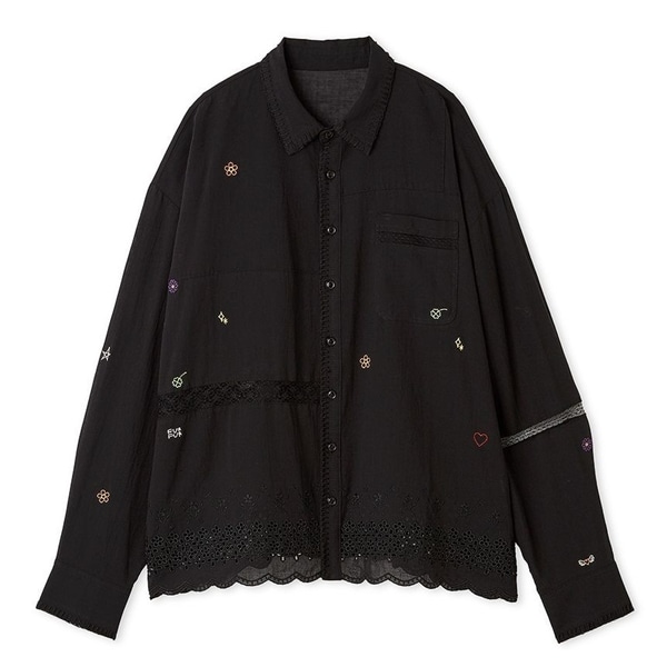レース刺繍ワイドシャツ BLK F