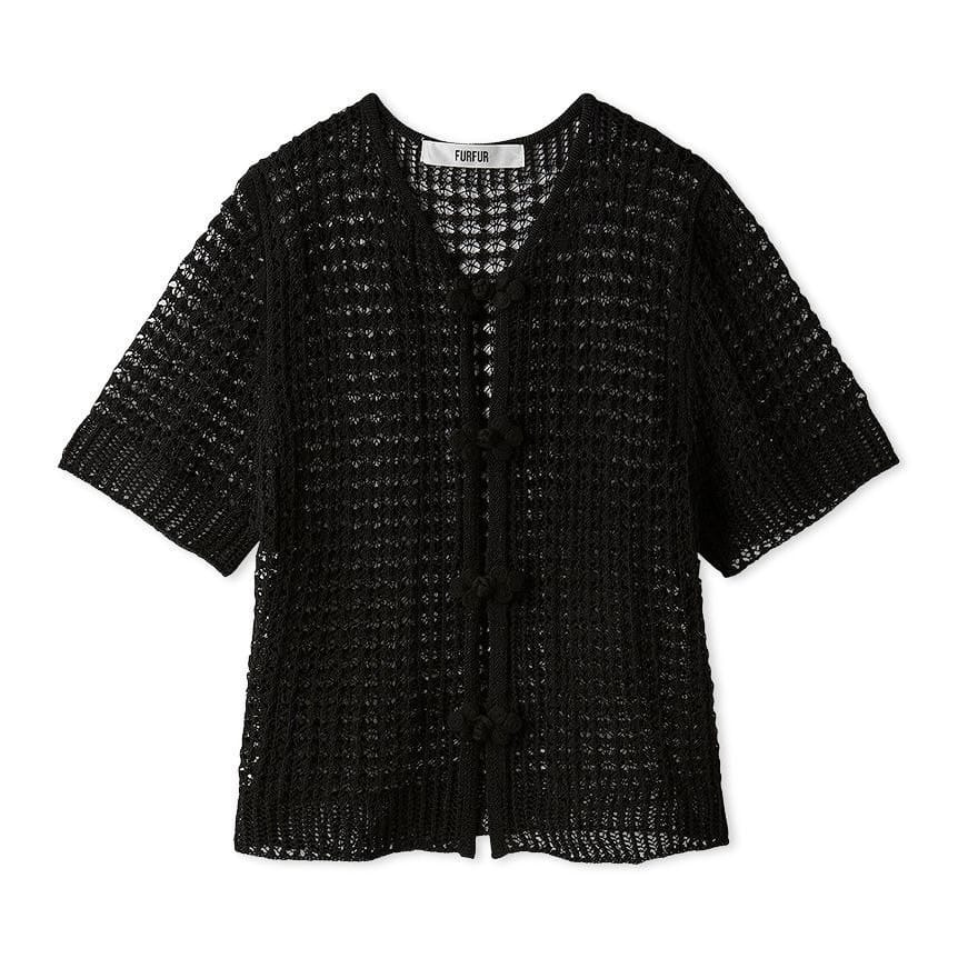 レース編みチャイナニットトップス BLK F