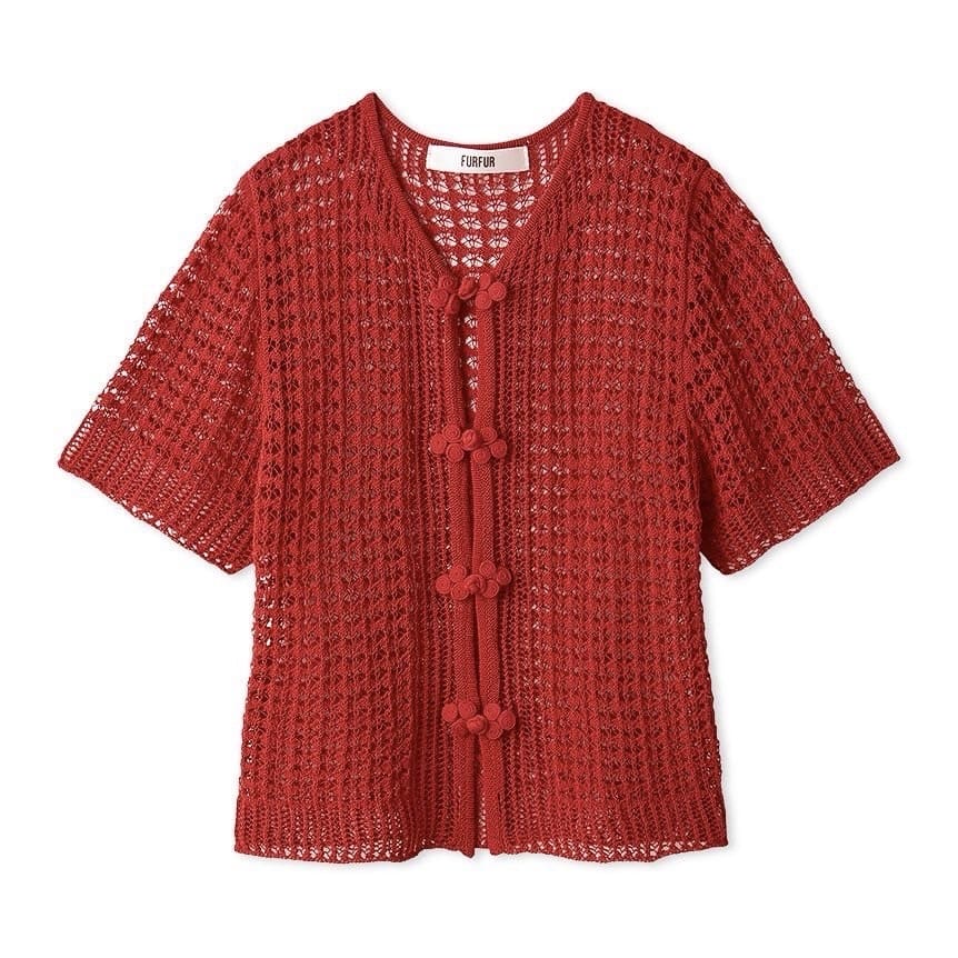 レース編みチャイナニットトップス RED F