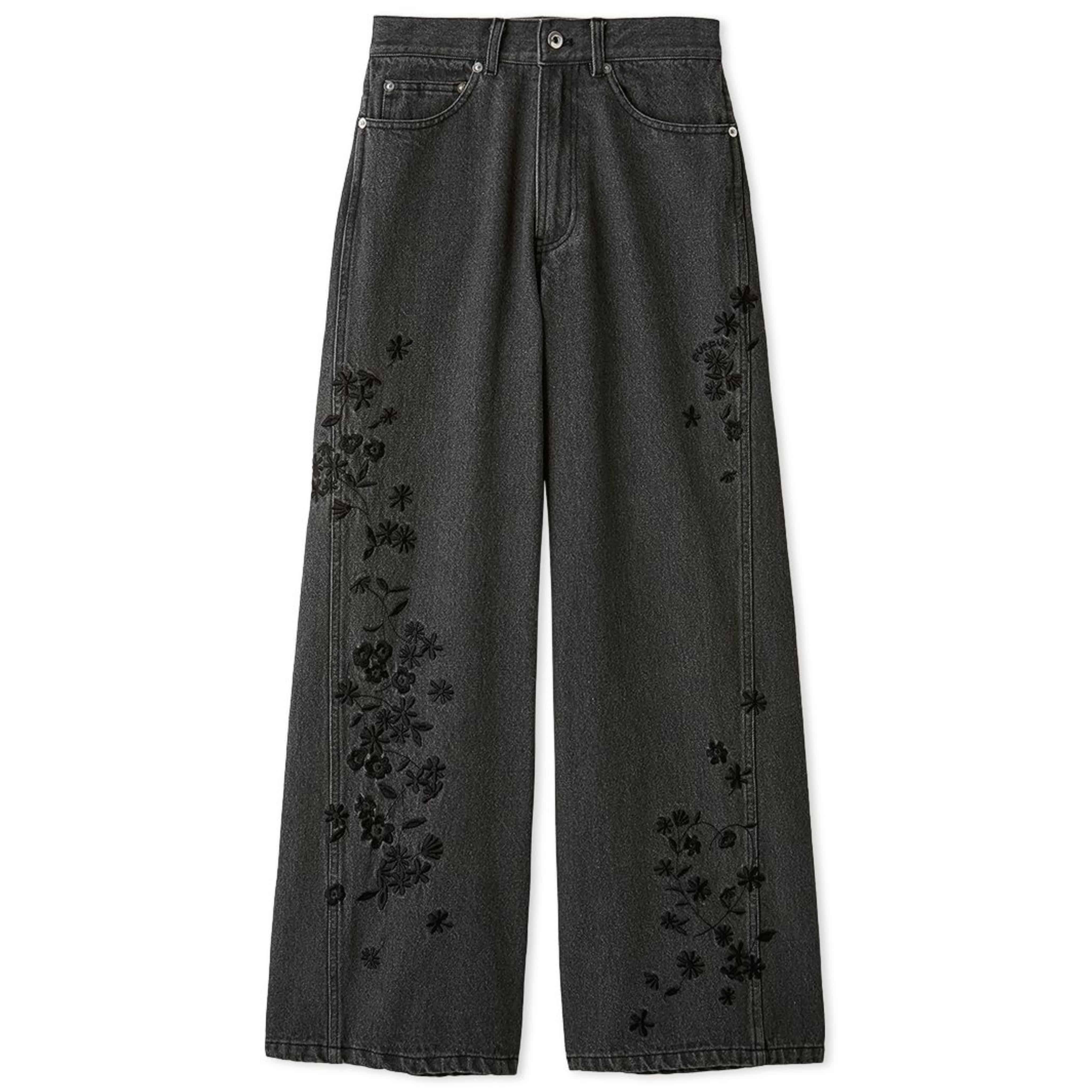 フラワー刺繍デニムパンツ BLK 0