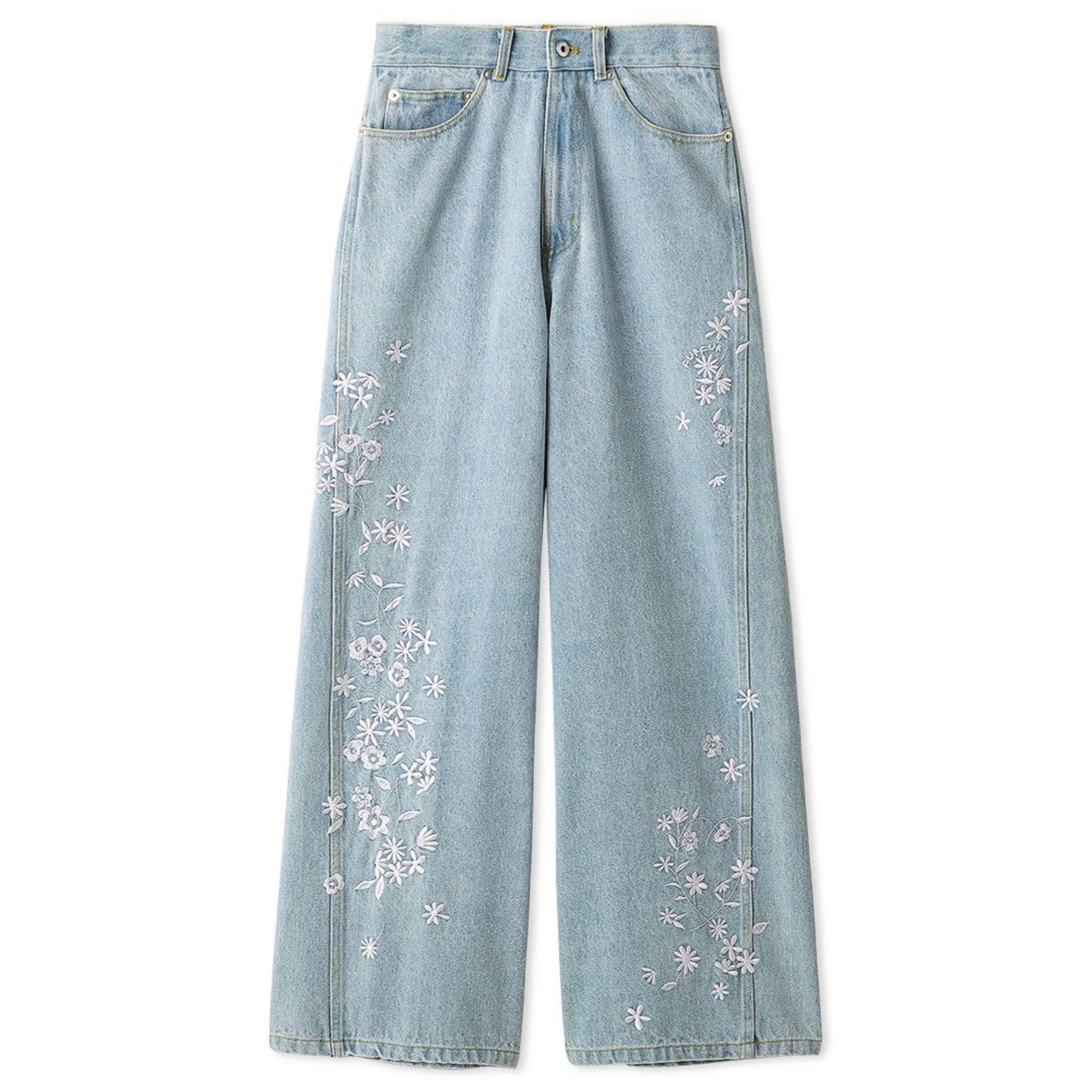 フラワー刺繍デニムパンツ LBLU 1