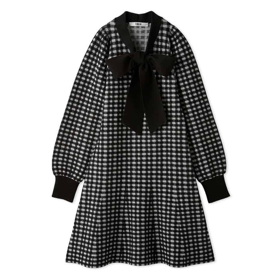 ボウタイギンガムニットワンピース BLK F