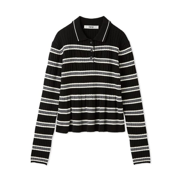ボーダーペプラムポロニットトップス BLK F