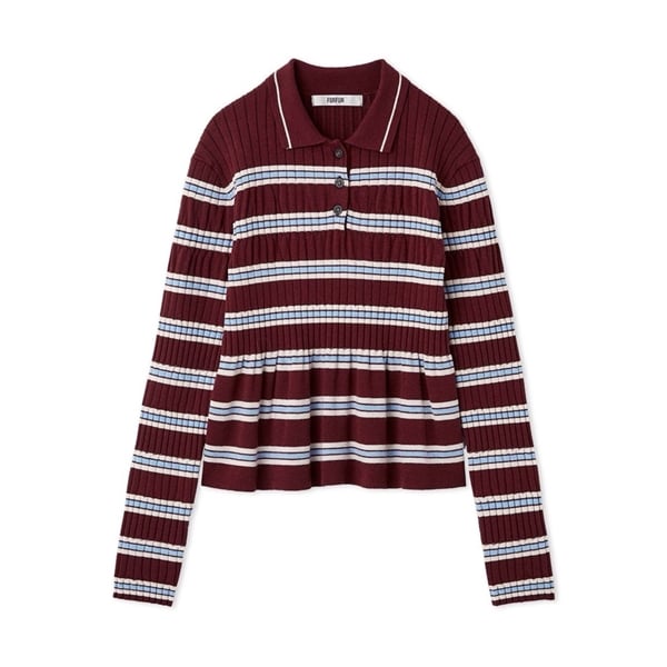 ボーダーペプラムポロニットトップス BUR F