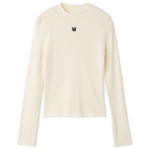 リボン刺繍リブニットトップス WHT F