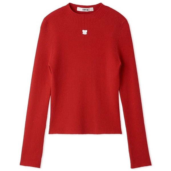 リボン刺繍リブニットトップス RED F