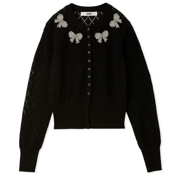 リボンビーズ刺繍アイレットカーディガン BLK F