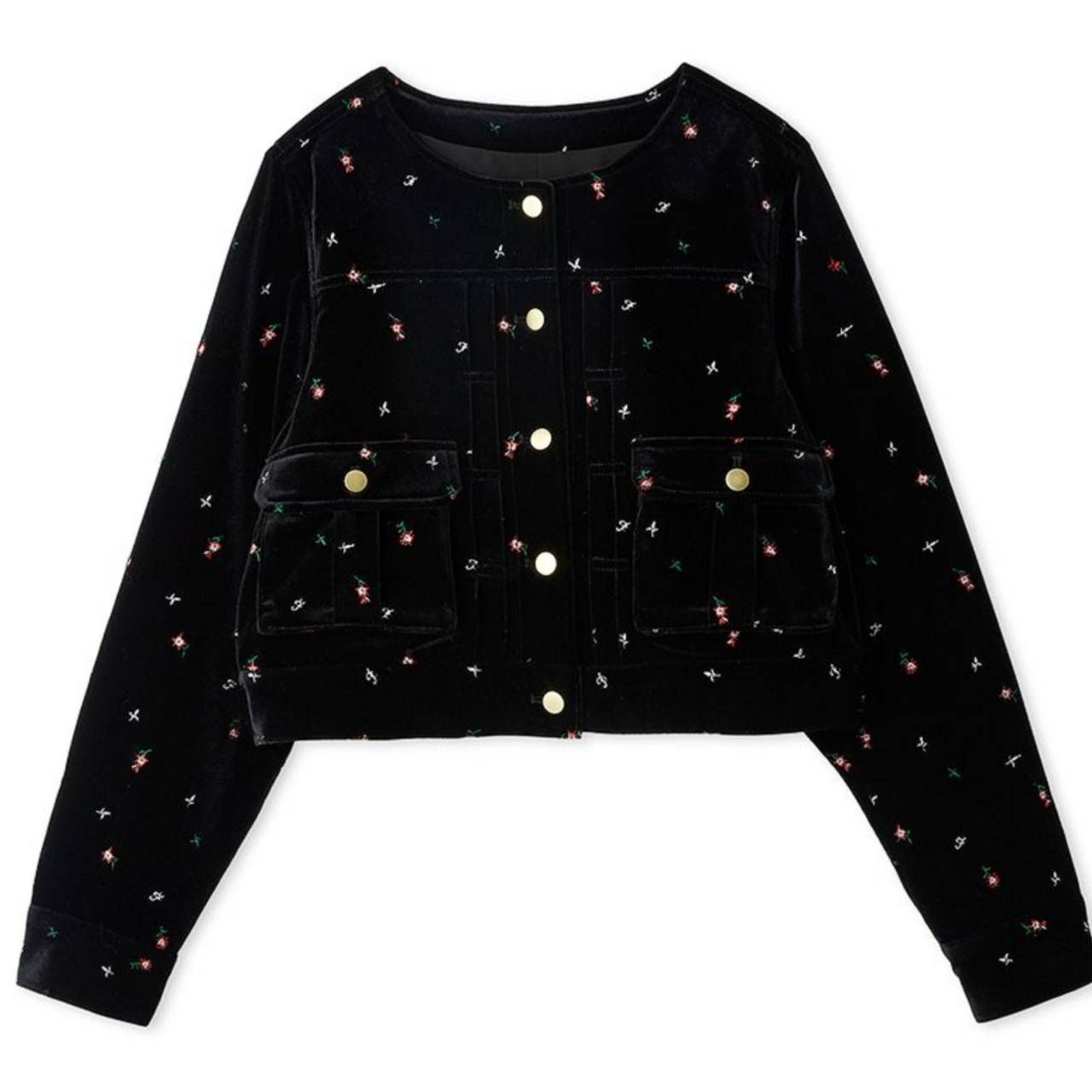 フラワー刺繍ノーカラージャケット BLK F